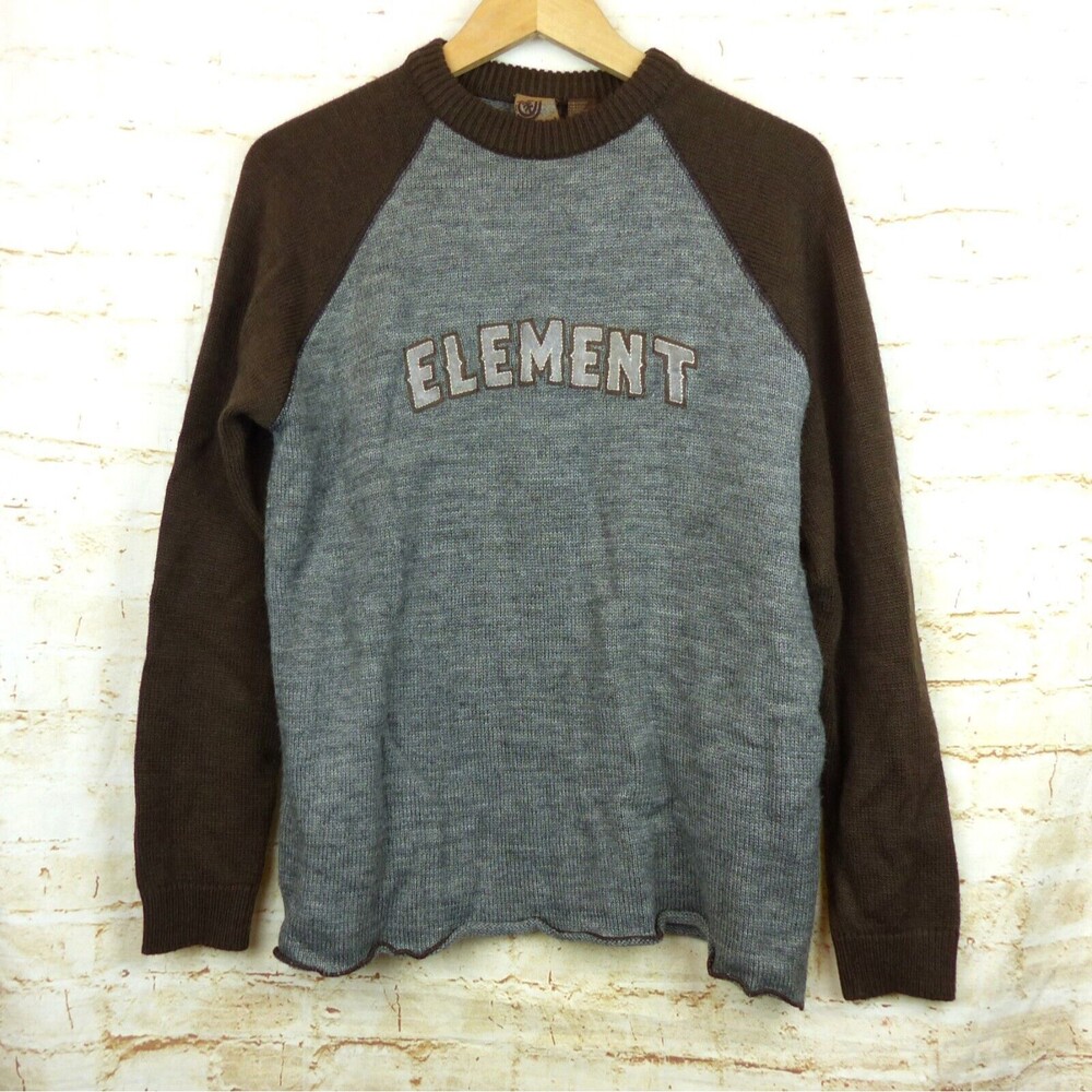 Element Skateboards Sweater Mens M Brown Gray Spell Out Logo Wool Knit Crew Y2K